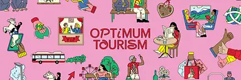 Vienna Visitor Economy Strategie 2030 | Text "Optimum Tourism" mit bunten Wien-Illustrationen
